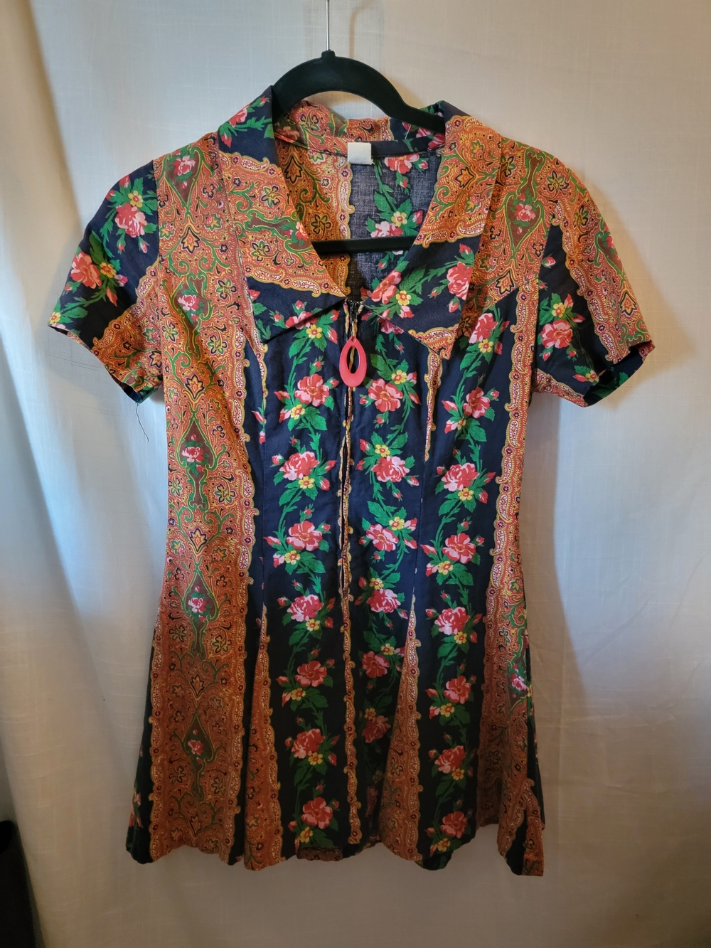 True Vintage 1960-1970s Navy Floral Mini Dress with Orange Paisley Trim
